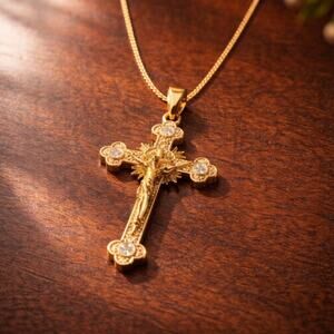 Traditional Catholic Christian Crucifix Necklace – Gold CZ Cross 1mm Box Chain